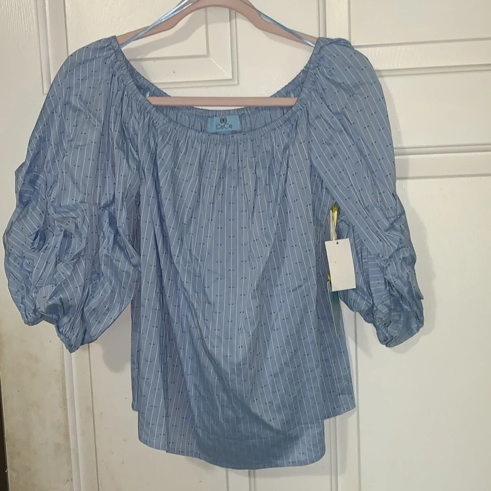 🇺🇸 CECE Blue Off-the-shoulder Balloon-sleeve Blouse NWT M - Picture 6 of 16